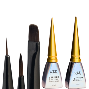 3 Pincéis Profissionais, Primer e Adesivador Kit Uze Nails